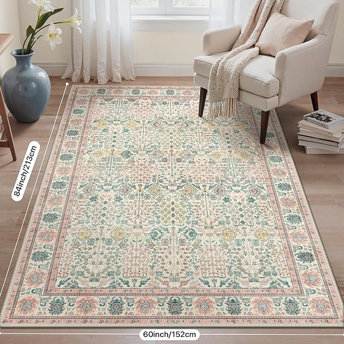 Bavni Area Rugs for Living Room, 5x7 Area Rugs Non-Slip Washable，Ultra-Thin Aesthetic Boho Rug for Bedroom Dinning Room Office, Pink