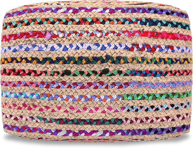SIMPLIHOME Margo Square Pouf - 20 inch Wide Handwoven Jute and Cotton Chindi Braided Ottoman in Multi-Color, Boho-Style Footstool or Extra Seating for Living Room with Polystyrene Beads, Assembled