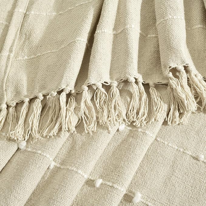 Lush Decor Boho Tufted Cotton Woven Tassel Fringe Throw Blanket Single 50" W x 60" L Neutral - Beige Throw Blankets for Bed - Couch Boho Blankets