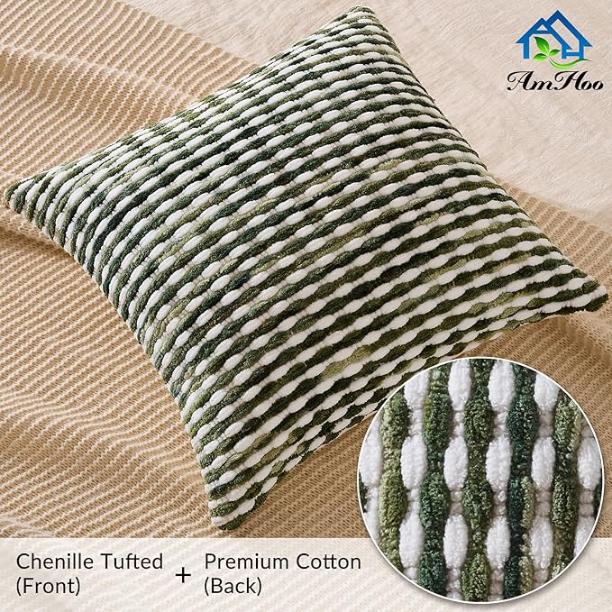 AmHoo Set of 2 Boho Chenille Pillow Cover Decorative Tufted Pillowcase for Couch Bed Sofa Bedroom Living Room Modern 20 x 20-Inch Sage Green