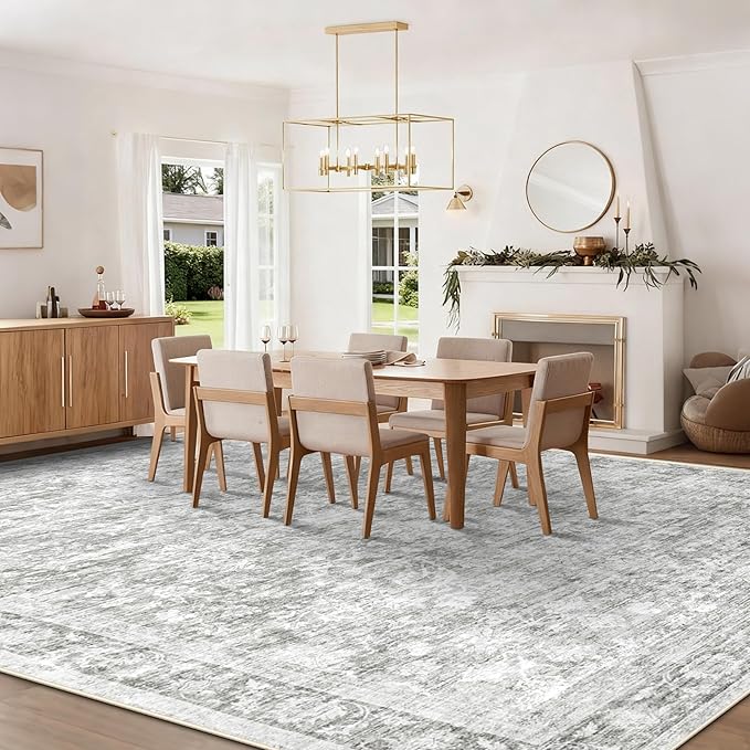 10x14 Area Rugs for Living Room: Washable Large Vintage Floral Rug Low Pile Non-Slip Boho Carpet for Bedroom Dining Home Office (Grey, 10'x14')