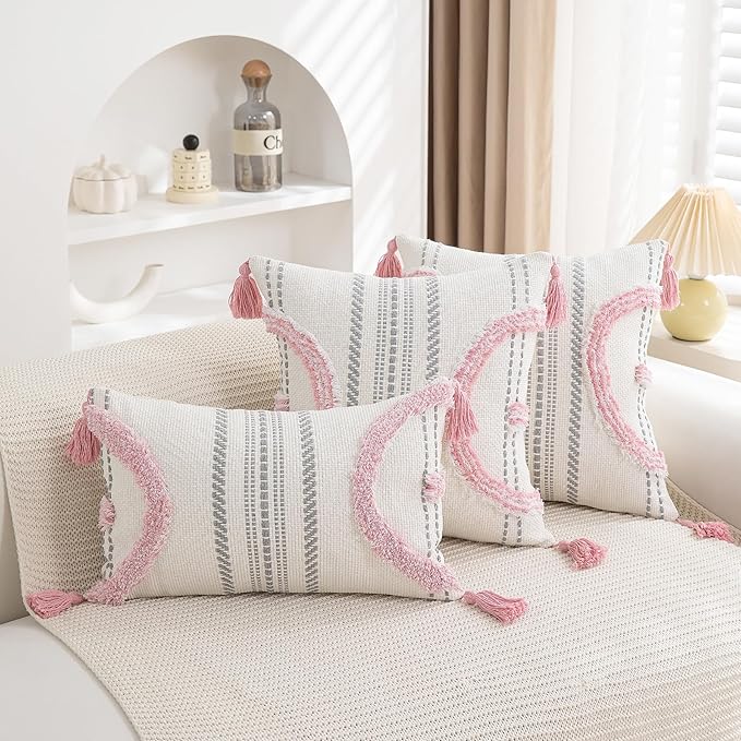 Boho Throw Pillow Covers 12x20 Set of 2 Cotton Woven Tufted Farmhouse Lumbar Pillows Covers with Tassels Outdoor Neutral Decorative Pillowcases Rectangle Textured Accent Cushion for Couch Bed Sofa