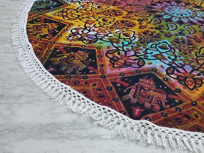 Round Beach Tapestry Turquoise Mandala Throw/Boho Hippie Beach Blanket Roundie/Indian Cotton Bohemian Large Round Table Cloth-Home Decor/Yoga Mat Meditation Picnic Rug (70", Multi Blue)