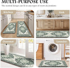 Boho Kitchen Mats for Floor 2 Piece Set Anti Fatigue Cushioned PVC Kitchen Rugs Non Slip Waterproof Farmhouse Mats 2/5 Inch Comfort Standing Mat for Sink, Laundry, Office, 17.3"x59"+17.3"x28", Green