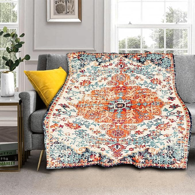 Orange Blue Boho Blanket Soft Flannel Lightweight Rust Teal Bohemian Throw Blanket Cozy Warm Vintage Aztec Carpet Blankets All Seasons Living Room Decor for Couch Chair Bed Sofa Office 60x80 inch