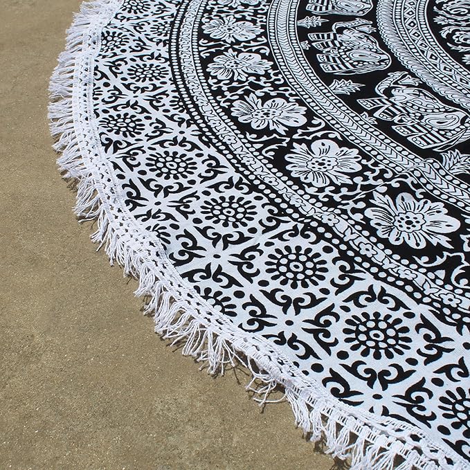Round Beach Tapestry Turquoise Mandala Throw/Boho Hippie Beach Blanket Roundie/Indian Cotton Bohemian Large Round Table Cloth-Home Decor/Yoga Mat Meditation Picnic Rug (42", Black And WHite)