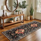 Area Rugs 2'x5' Runner Rug Non Slip Washable for Kitchen Hallway Bedroom Beside Laundry Room Bathroom Rug, Floor Carpet, Black Colorful Floral Dark Tan