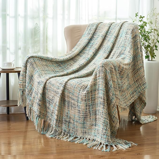 Multi-Color Blue Grey Cable Woven Throw Blanket for Couch,60"X80" Boho Style Textured Blankets for Home Decor,Super Soft Warm Cozy Chunky Blanket with Decorative Tassels for Bed