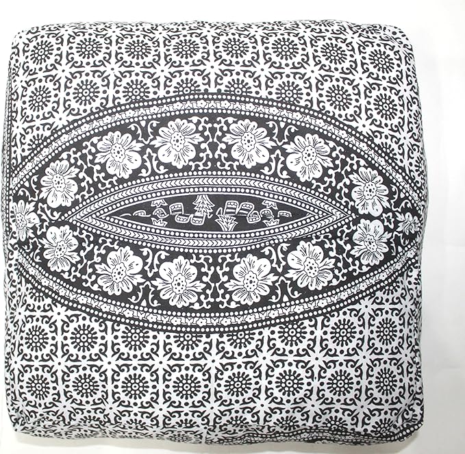 CRAFT KALA Black Elephant Flower Large Hippie Mandala Meditation Floor Ottoman Pillow Cushion Pouf Cover Square Poufs Bohemian Floor Cushion Case Outdoor Fireplace Living Room Decor Cover 18" Square