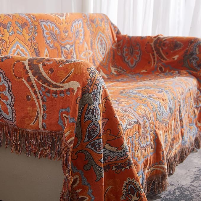 Boho Throw Blanket for Couch Sofa Bed, 100% Cotton Woven Quilt with Tassel 80”x90”, Super Soft Muslin Blanket with Floral Printed, Decorative Reversible Bed Blanket/Cover for All Seasons