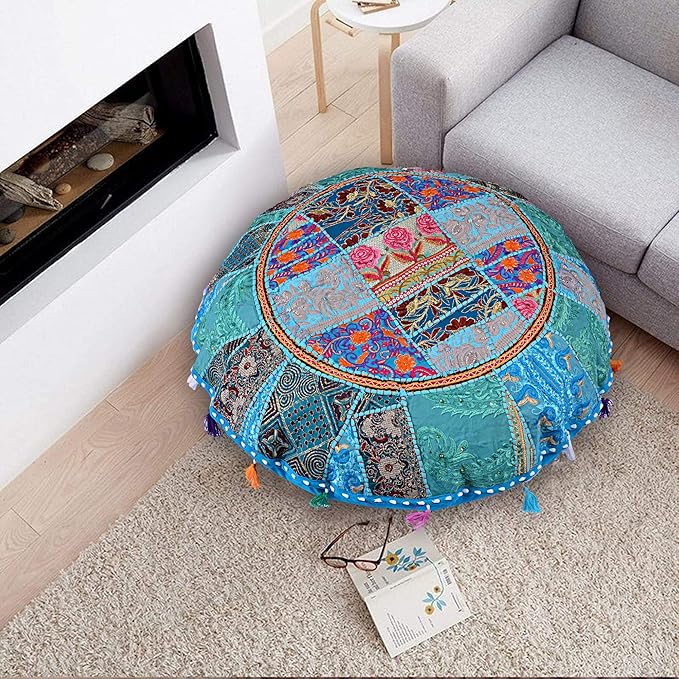 Rajasthani Handmade Colorful Decorative Floor Pillow Cover Meditation Patchwork Patchwork Cushion Seating Accent Boho Chic Indian Handmade Cover ONLY (Turquies, 32X32 Inches)