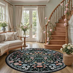 Round Area Rug for Living Room: 6 ft Floral Washable Circle Rug Soft Boho Non-Slip Carpet Indoor Stain Resistant Low Pile Small Circular Rug for Bedroom Entryway Kitchen Nursery Home Office Dark Black