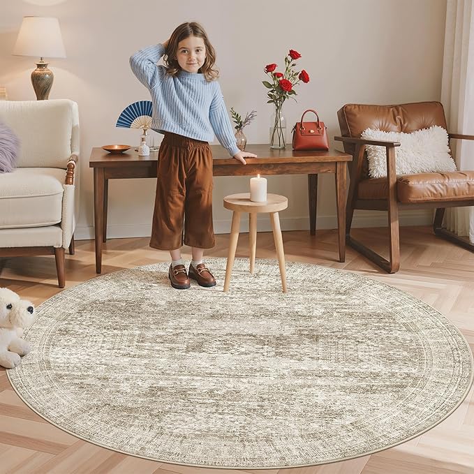 5x5 Brown Round Rug 5ft Living Room Circle Rug Vintage Round Area Rug Non Slip Indoor Carpet for Entryway Dining Room Bedroom