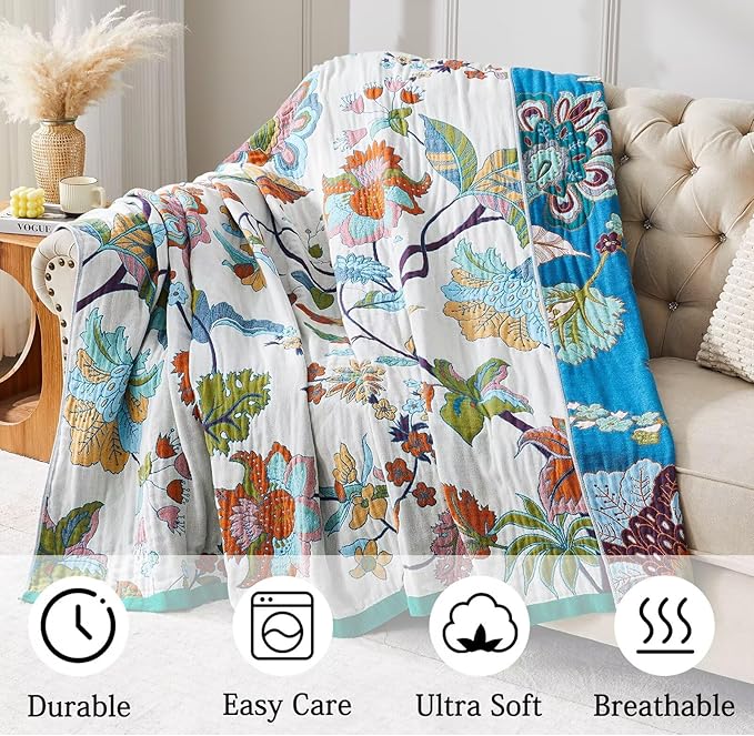 Boho Blanket Soft Muslin BohoThrow Blanket, 100% Cotton Floral Printed Farmhouse Decor All Season Reversible Rustic Throw for Sofa Couch Chair (90"x98")