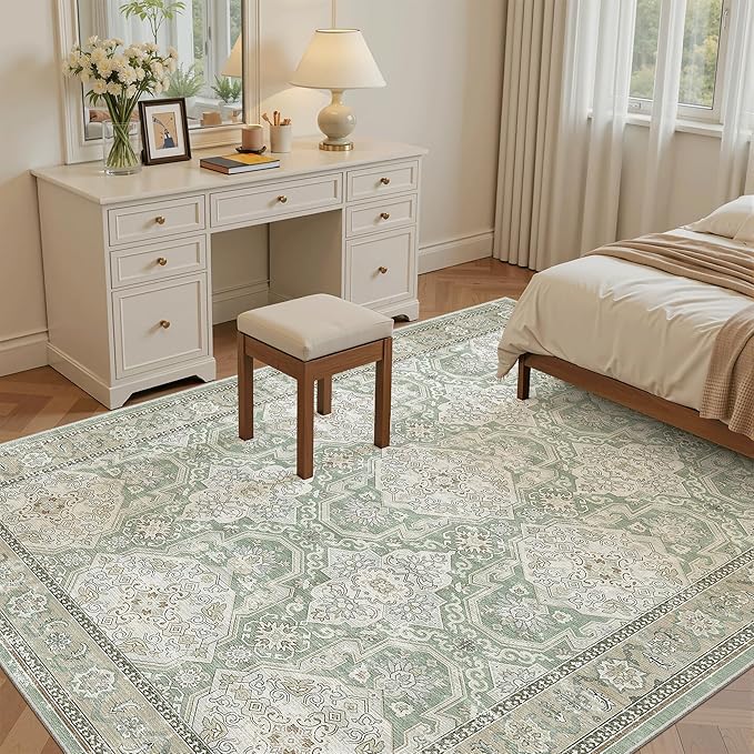 5x7 Area Rugs Green/Brown Low Pile Indoor Washable Trendy Faded Style Rugs for Bedroom Living Room Dining Room Foldable Non-Slip Thin Print Home Office Mat
