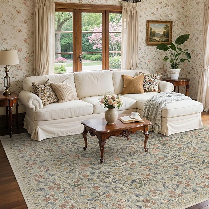 GENIMO 8x10 Washable Area Rug, Non-Slip Vintage Boho Floral Carpet, Soft Low-Pile Thin Living Room Rug for Bedroom, Dining Room, Nursery, Beige Blue