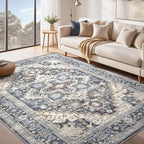 Washable Rug 9x12 Area Rugs: Boho Vintage Distressed Oriental Medallion Neutral Thin Large Rug Carpet for Living Room Bedroom Dining Room Home Office Decor - Blue