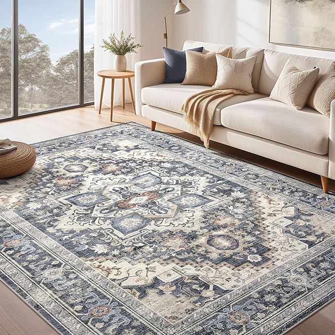 Washable Rug 8x10 Area Rugs: Boho Vintage Distressed Oriental Medallion Neutral Thin Large Rug Carpet for Living Room Bedroom Dining Room Home Office Decor - Blue