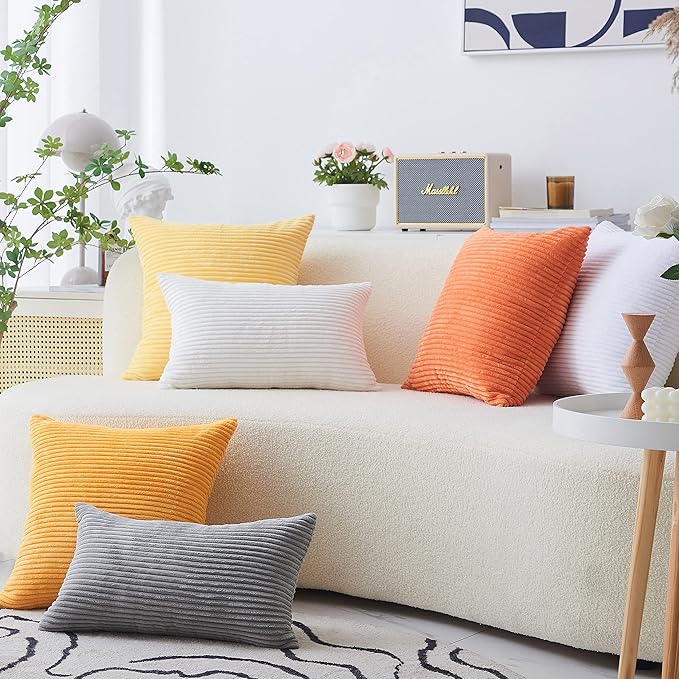 Home Brilliant 12 x 20 Spring Pillow Covers Set of 2 Plush Striped Corduroy Velvet Rectangular Throw Pillow Covers for Chair Couch Decor Lumbar Pillows, 12 x 20 inch, Sunflower Yellow
