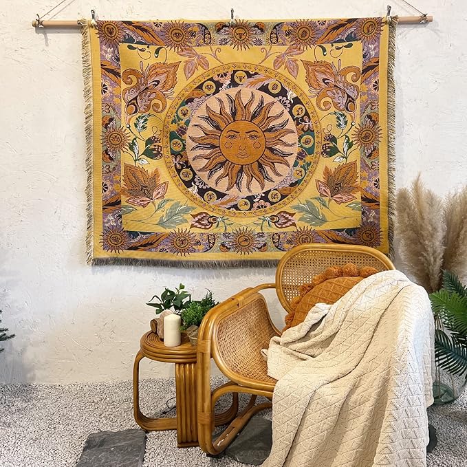Hopstar Sun Throw Blanket Boho Hippie Tapestry Room Decor Western Blankets and Throws Soft Cozy Couch Cover for Loveseat Sofa Living Room Chair Travel 51"x63" (Yellow/Floral)