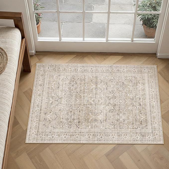 HUGEAR 2x3 Entryway Area Rug Vintage Beige Small Rug Machine Washable Door Mat Retro Floral Low Pile Carpet Vacuumable Distressed Throw Rug Entrance Kitchen Bathroom Bedroom Non Slip Lightweight