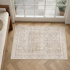 HUGEAR 2x3 Entryway Area Rug Vintage Beige Small Rug Machine Washable Door Mat Retro Floral Low Pile Carpet Vacuumable Distressed Throw Rug Entrance Kitchen Bathroom Bedroom Non Slip Lightweight
