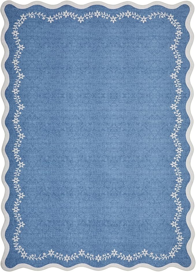 GarveeHome 5x7 Scalloped Area Rug Navy Blue Washable Rugs for Living Room Bedroom, Soft Low Pile Non Slip Accent Floor Mat Solid Floral Print Throw Rug Indoor Carpet for Dorm Playroom