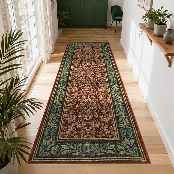 GarveeHome Kitchen Runner Rug 2.5x10 Red Runner Rug Non Slip Washable Runners for Hallways, Boho Vintage Rugs with Rubber Backing Soft Low-Pile Indoor Long Carpet for Entryway Bedroom
