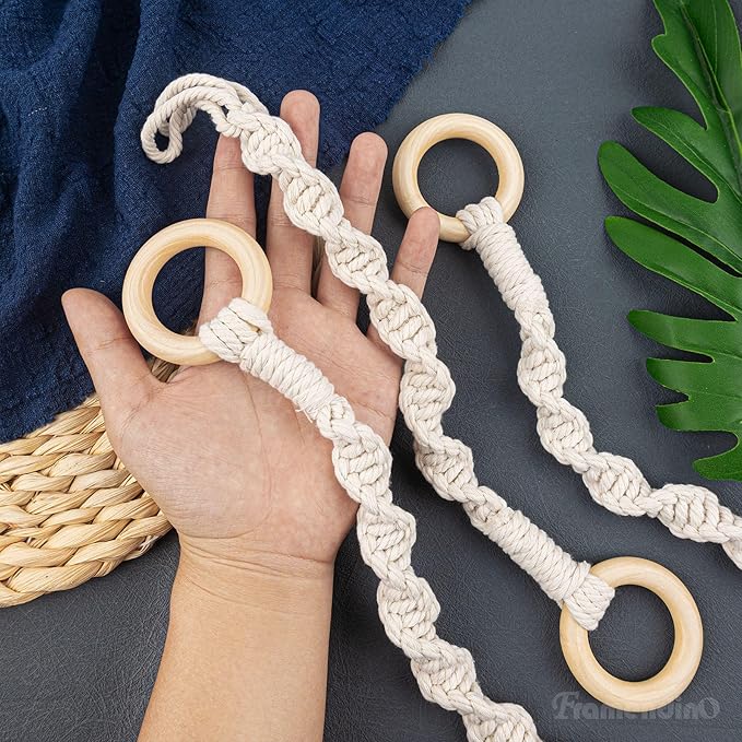 Framendino, 6 Pack Adjustable Macrame Plant Hanger Extenders Woven Hanging Basket Extension with Wooden Ring for Indoor Outdoor Pot Holder