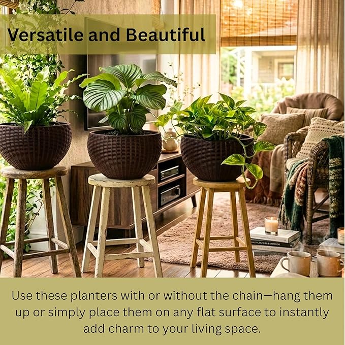 LaLaGreen Hanging Planters for Indoor Plants (11 Inch, 3 Pack) Brown Rattan Style Self-Watering Flower Pots with Water Level Indicator, Plastic Baskets with Metal Chain for Balcony, Porch Garden Decor