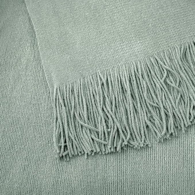 Vonty Sage Green Knitted Blanket with Tassels Fringe 50" x 60", Super Soft Knit Throw Blanket, Farmhouse Decorative Lightweight Blanket for Couch, Sofa, Bed