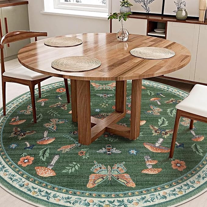 Mushroom Insect 6ft Round Rug Washable Non-Slip Soft Ultra-Thin Boho Circle Carpet for Living Room Bedroom Kitchen Nursery Dining Room Green