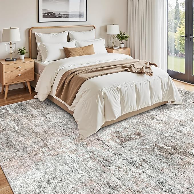 9x12 Area Rugs for Living Room, Non Slip Machine Washable Vintage Rugs, Low Pile Lightweight Large Rug for Bedroom, Dining Room, Home Office Grey Pink