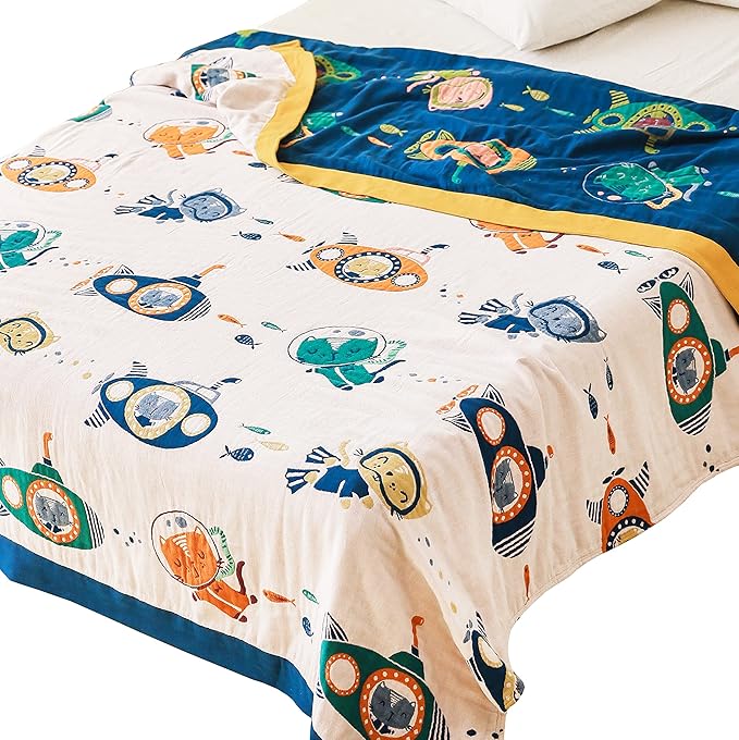 Scientific Sleep Underwater Scuba Cat Kitty Diver Submarine Fish Sea 100% Cotton Muslin Blanket Throw Cover for Kids Child Bed Couch Sofa Modern Fun Bedding Bedspread Coverlet Twin 60 in x 80 in