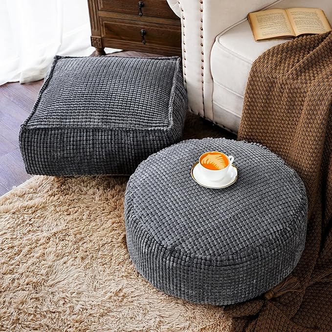 SUTAVIA Pouf Ottoman Cover Unstuffed Pouf Seat Decorative Soft Storage Bean Bag 20x20x8 Inches Floor Footrest for Living Room Bedroom (Dark Gray, Round)