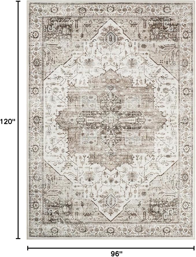 8x10 Area Rugs for Living Room, Vintage Washable Rug with Non-Slip Backing, Stain Resistant Large Area Rug for Dining Room, Soft Rugs for Bedroom (White/Brown, 8'x10')