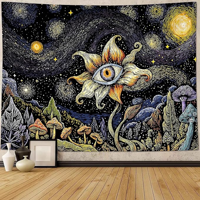 Yeoiat Tapestry Cosmic Flower Tapestries Mushroom Landscape Wall Hanging Starry Night Visionary Botanical Art Decor Bedroom Dormitory 48"x36"