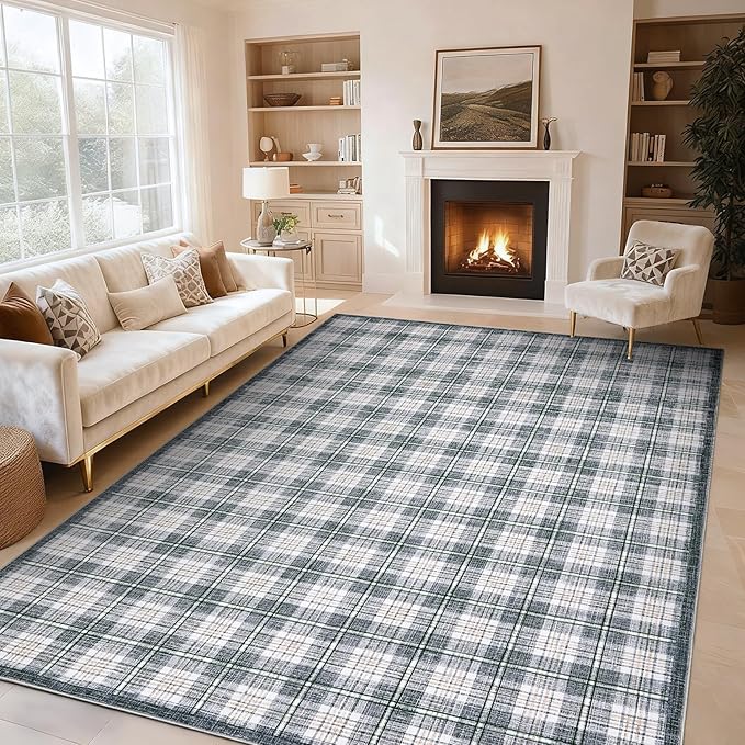 GarveeHome Machine Washable Area Rugs 8x10, Stain Resistant Non Slip Backing Low-Pile Checkered Rug Indoor Outdoor Carpet for Living Room Office Bedroom Dining Room Nursery Grey