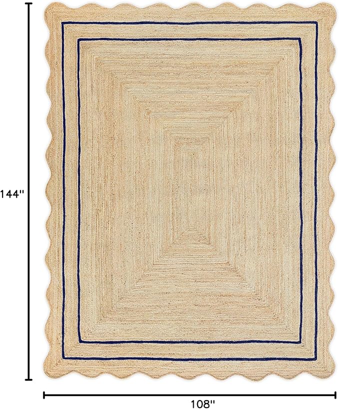 Wave Scalloped Natural Jute Runner - Boho Jute Entryway Rug, Navy (9'x12')