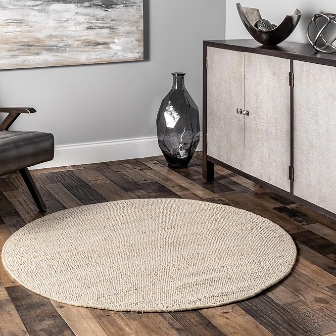 nuLOOM 8 Round Elfriede Jute & Cotton Hand Woven Area Rug, Natural, Solid Rustic Farmhouse Style, Weaved Design, Natural Fiber, For Bedroom, Living Room, Dining Room, Hallway, Office, Entryway