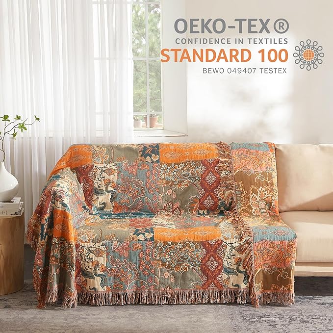 Boho Throw Blanket for Bed 90”x108”, 100% Cotton Woven Blanket for Couch Sofa, Ultra Soft 4-Layer Muslin Quilt with Patchwork Floral Printed, Farmhouse Bed Blanket/Cover for Living Room Decor