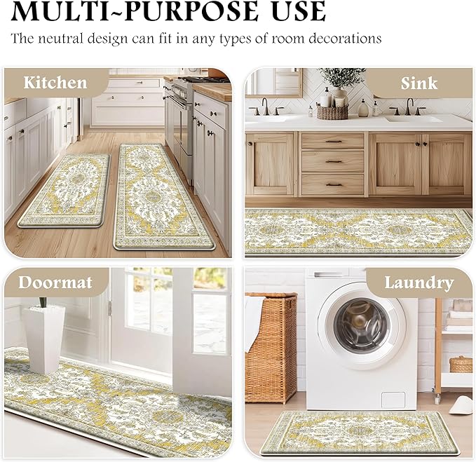 Boho Kitchen Mats for Floor 2 Piece Set Anti Fatigue Cushioned PVC Kitchen Rugs Non Slip Waterproof Farmhouse Mats 2/5 Inch Comfort Standing Mat for Sink, Laundry, 17.3"x47"+17.3"x28", Yellow