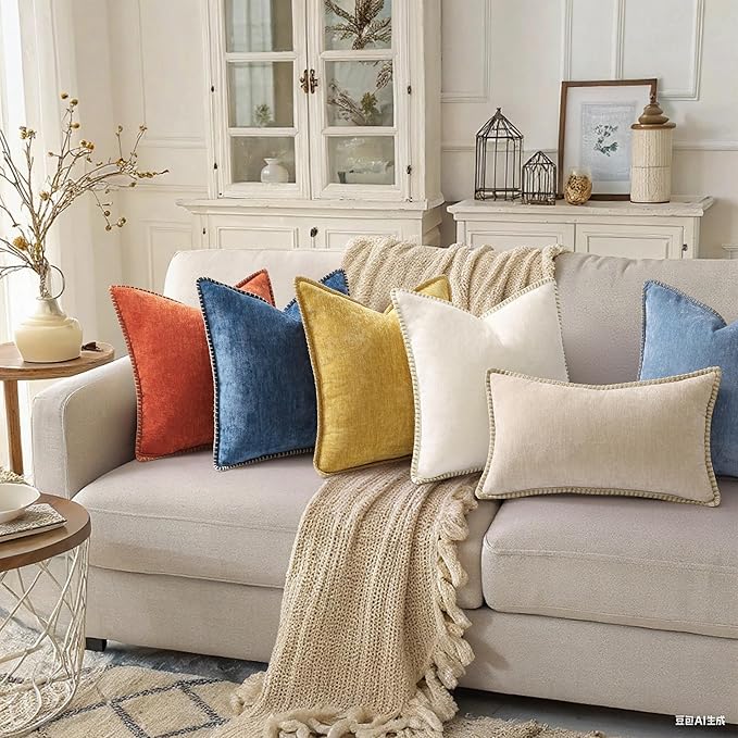 decorUhome Summer Chenille Soft Cozy Throw Pillow Covers 12x20 Set of 2, Modern Farmhouse Boho Velvet Decorative Pillow Cases with Stitched Edge for Couch Sofa Bed Home Decor, Beige