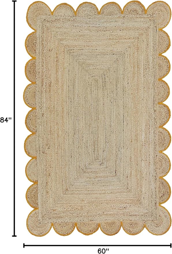 Scalloped Natural Jute Area Rug, Yellow Trim, 5'x7'