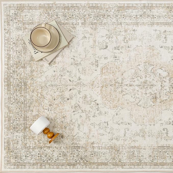 Hallway Runner Rug 2x5 Washable Beige Vintage Distressed Runner Oriental Soft Thin Indoor Carpet Non Slip Low Pile Throw Rug for Kitchen Bedroom Laundry Bedside Entryway