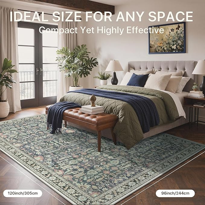 Bavni Area Rugs 8X10-Machine Washable Rug Lightweight Low Pile, Vintage Floral Rug Non-Shedding Distressed Throw Carpet for Living Room Bedroom Office, Green/Blue