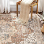 Washable Rug 9x12 Area Rugs: Boho Vintage Distressed Oriental Medallion Neutral Thin Large Rug Carpet for Living Room Bedroom Dining Room Home Office Decor - Brick Red
