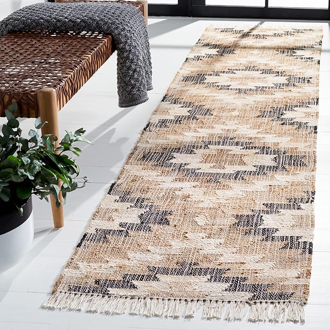 SAFAVIEH Natural Fiber Collection Runner Rug - 2'3" x 9', Natural & Black, Handmade Boho Southwestern Fringe Jute, Ideal for High Traffic Areas in Living Room, Bedroom (NFB401A)