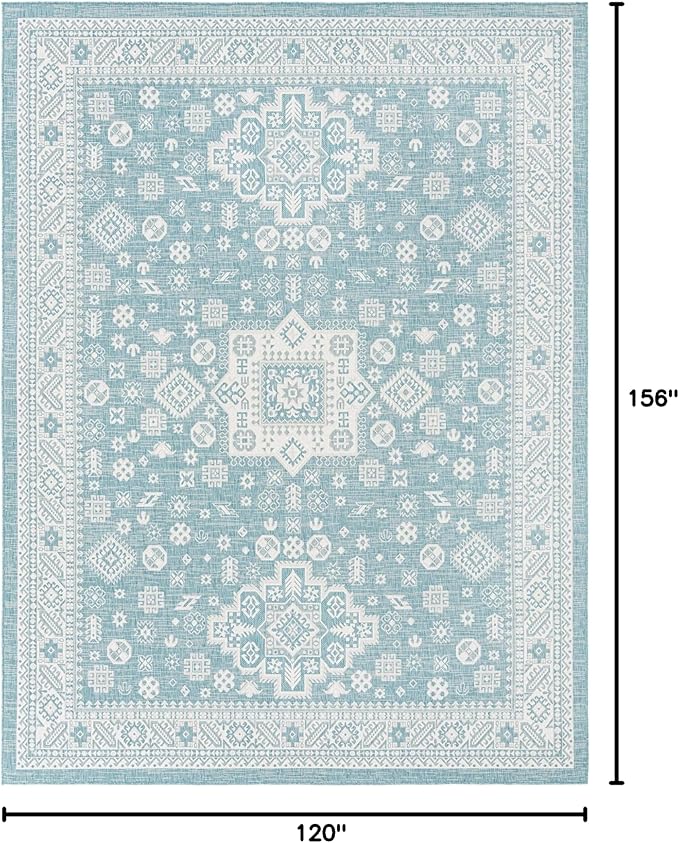 Rugs.com Outdoor Aztec Collection Rug – 10' x 13' Aqua Flatweave Rug Perfect for Living Rooms, Large Dining Rooms, Open Floorplans