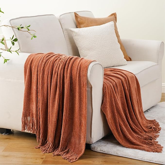 BATTILO HOME Rust Orange Throw Blanket for Couch, Soft Chenille Knit Throws with Tassels for Home Decor, Fall Caramel Throws for Couch Cover, 60"x80"